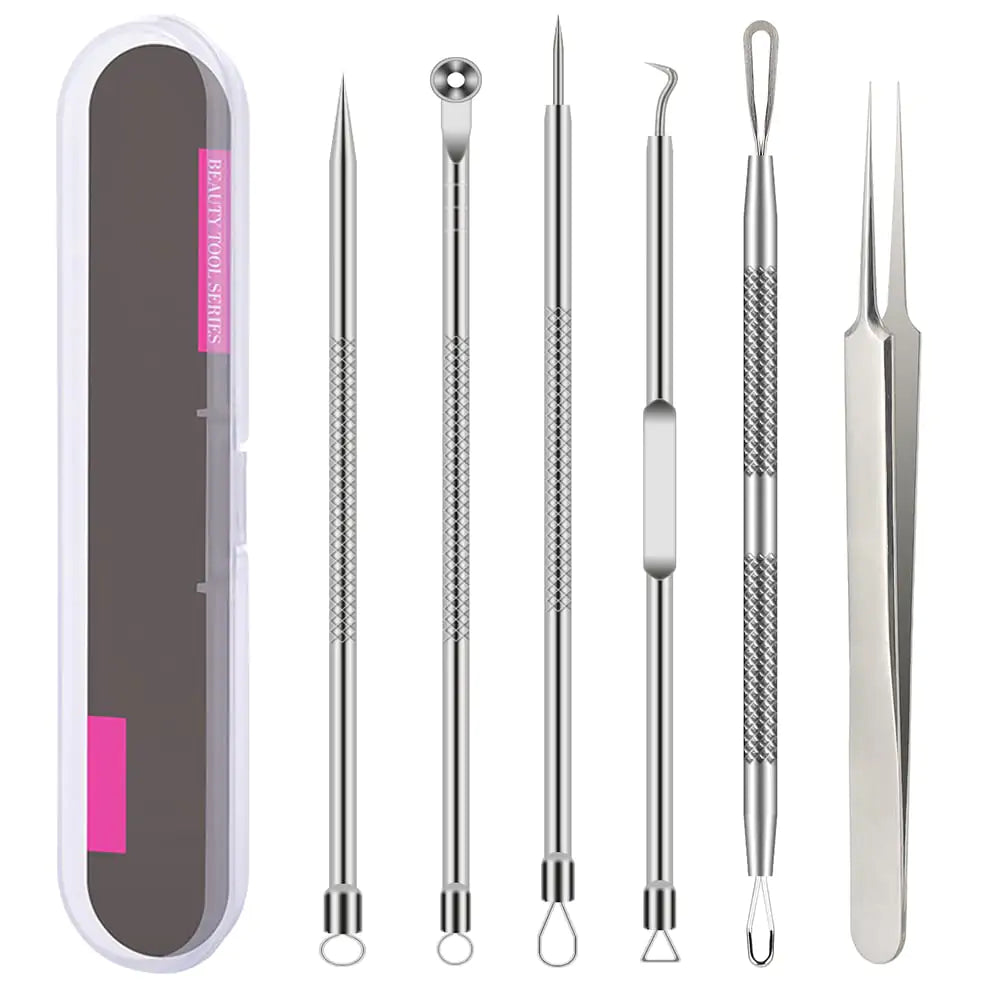 Pimple Popper Tool Kit 6 Pcs Blackhead Remover Acne Needle Tools Set Removing Treatment Comedone Whitehead Popping Zit for Nose Face Skin Blemish Extractor Tool - Silver